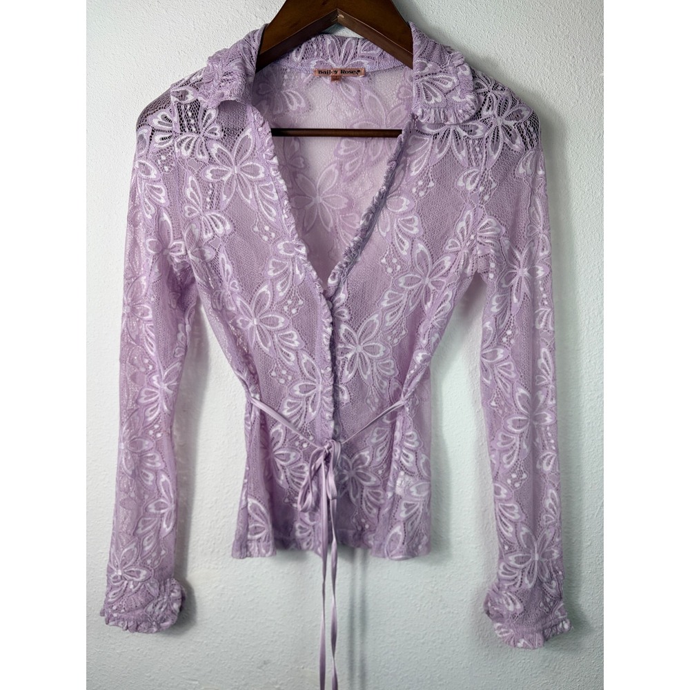 Bailey Rose Floral Lace Top Lavender Ruffle Sheer Fairycore Coquette Small